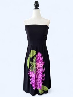 Y2K Strapless Black Dress with Pink & Green Floral Print Coastal Beachy Summer
